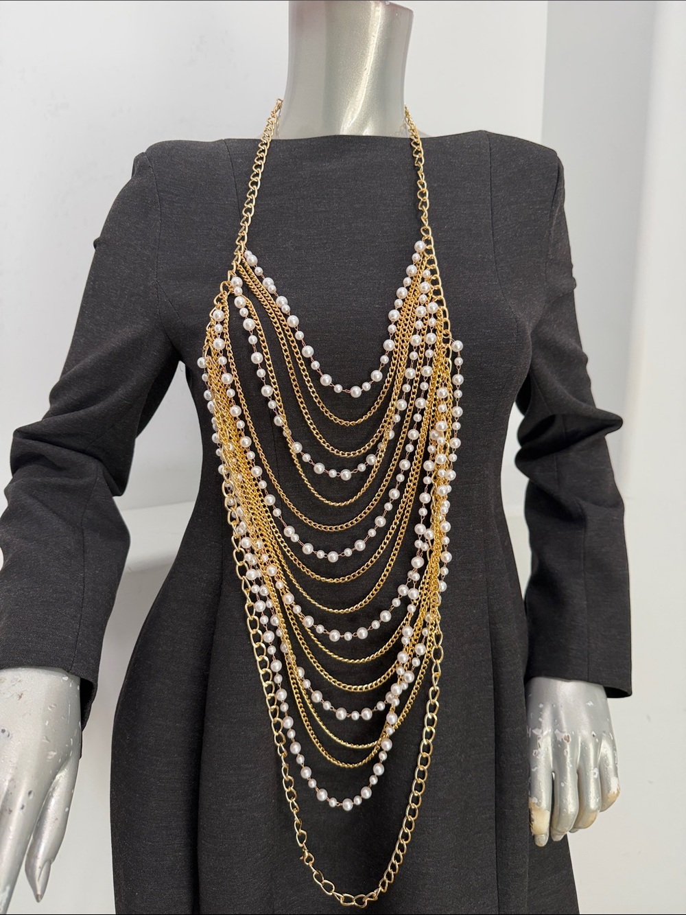 Layered Gold and Pearl Statement Necklace - Women Jewelry - Picture 2 of 3